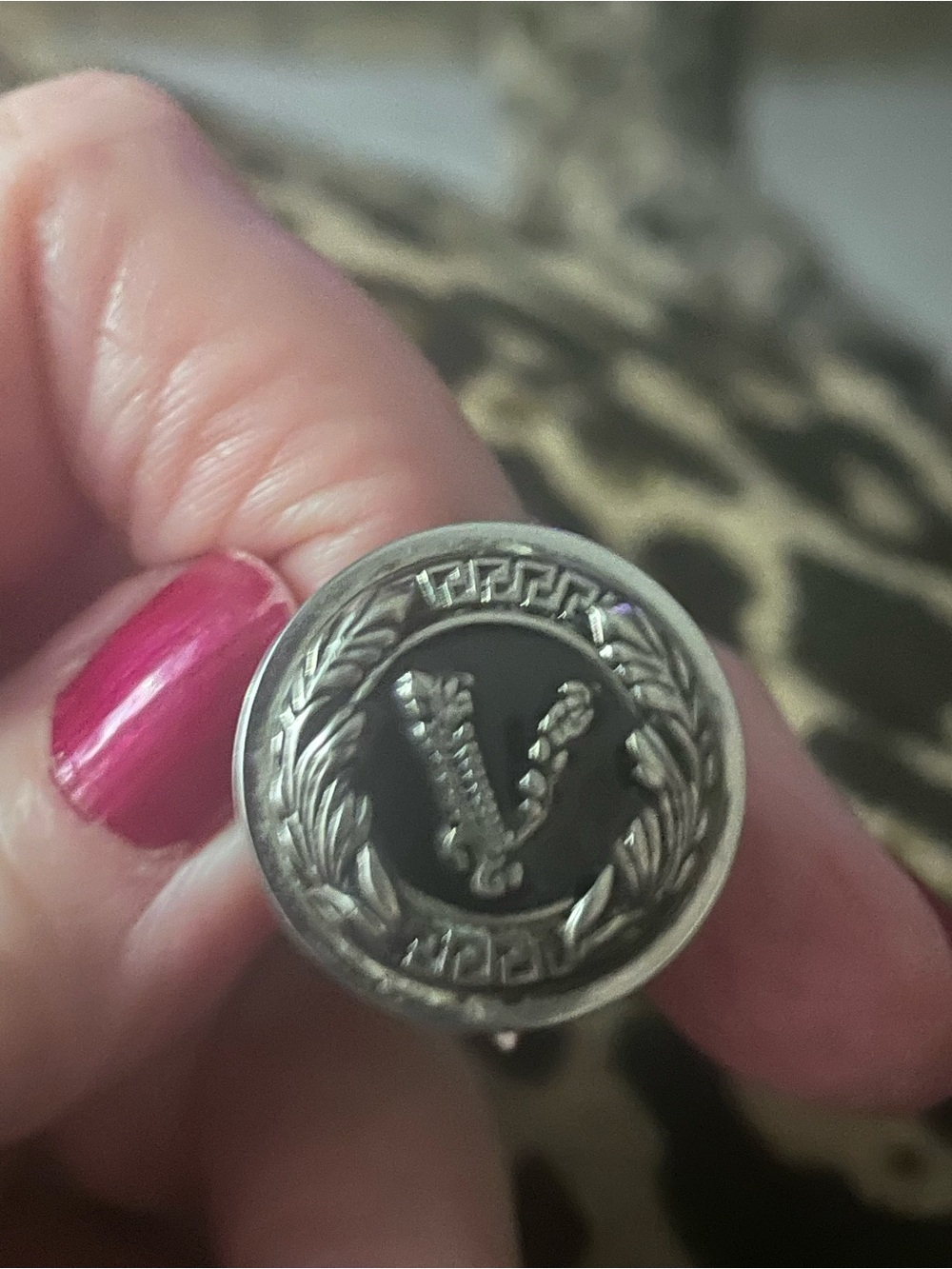 V -Silver-Tone Medallion Ring with Black Enamel